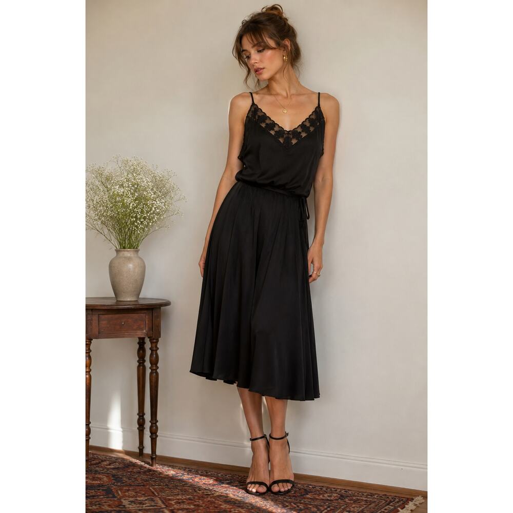 Vintage Leslie Fay Black Lace Trim Cocktail Dress Midi Slip Dress Size 12
